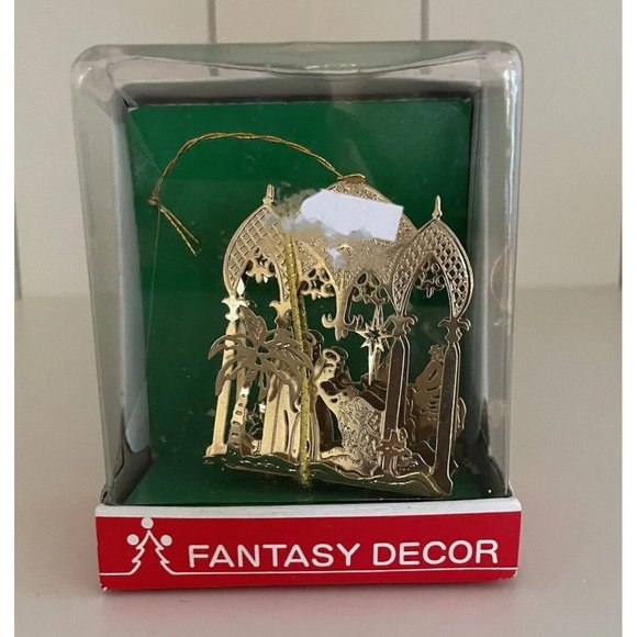 Gold Christmas Ornament Fantasy Decor Vintage Manger Scene North Star Angels - Picture 2 of 8